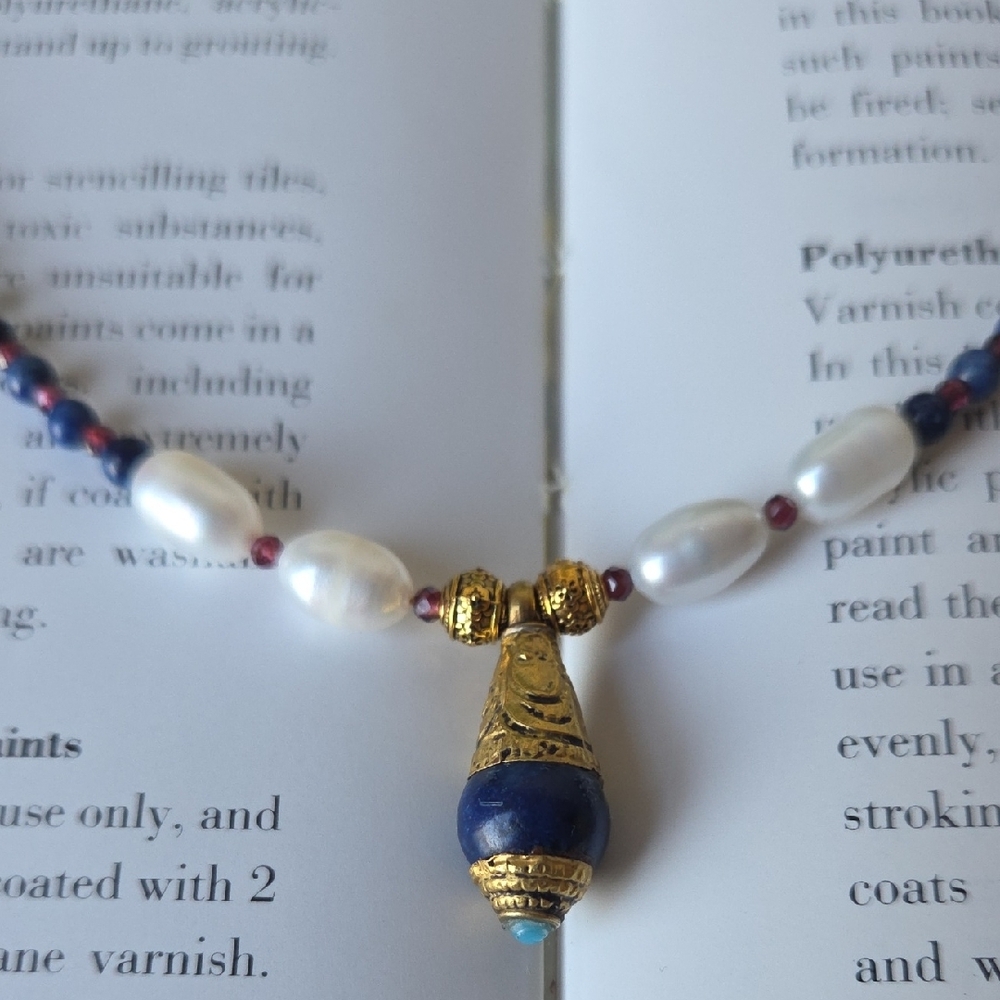 Real Lapis Lazuli Bead Necklace With Gold Pendant -Handcraft/  Boho Style - Picture 4 of 12